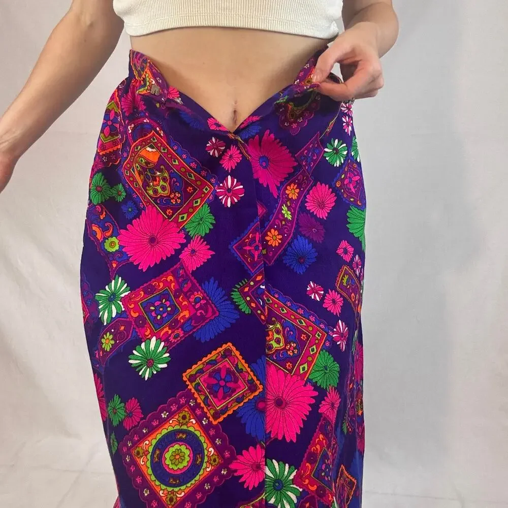 Vintage 1960s Tear Away Skirt Psychedelic Floral Print Purple Pink Green Neon